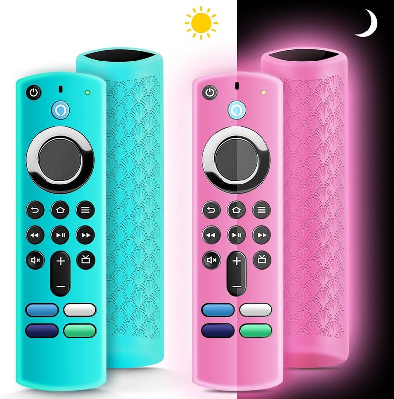 OneBom (2 Pack) Silicone TV Remote Cover Case, Anti Slip Silicone Protective Control Case Cover with Lanyard（Glow Pink&Sky Blue） - Image 1